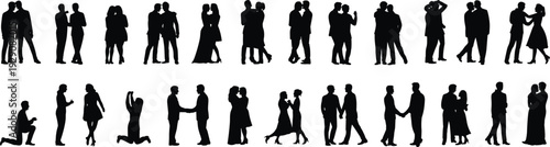 Large collection of black silhouettes featuring romantic couples hugging kissing dancing and holding hands in various emotional social poses isolated on white background for design