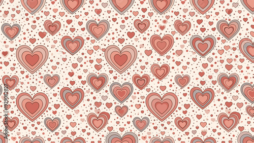 Seamless romantic pattern filled with layered concentric hearts in warm red and tan colors for wedding decor and valentine backgrounds.