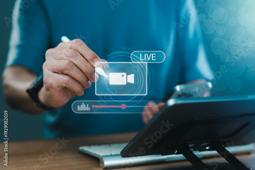 Live streaming interface on tablet with video icon and audio control panel