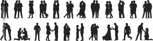 Large collection of black silhouettes featuring romantic couples hugging kissing dancing and proposing marriage in various emotional social poses isolated on white background for design