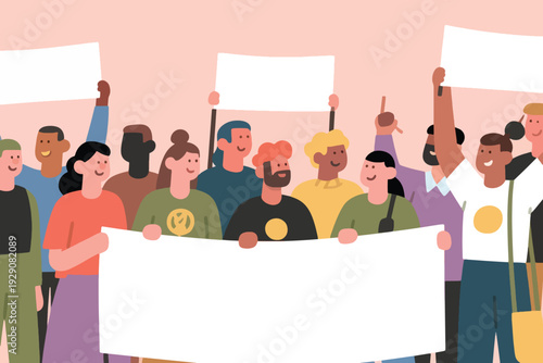 Illustration Of A Group Of Demonstrators Demonstrating Using Posters And Banners Vector Design Template