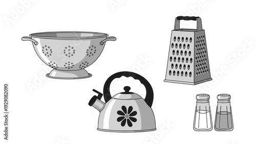 Collection of kitchen essentials including a colander, tea kettle, cheese grater, and salt and pepper shakers in a gray vector style.