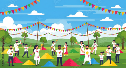 Children and adults playing holi with colorful powder in a green field with festive decorations