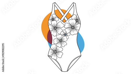 Stylish one piece swimsuit features a classic black and white floral print over an abstract background of orange and blue shapes.