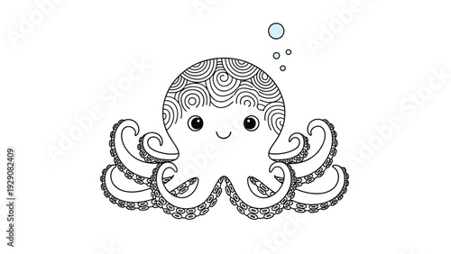 Adorable cartoon octopus with a swirl patterned head and many tentacles floats peacefully in the water with small bubbles.