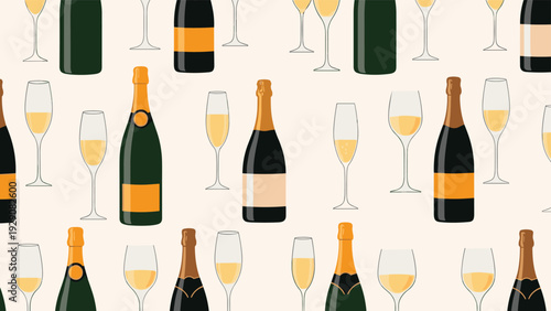 Elegant seamless pattern features dark green champagne bottles with golden labels and sparkling glasses on a cream background.