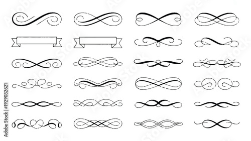 Collection of elegant swirling line designs and ribbons for decoration and embellishment purposes