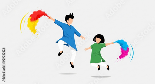 Man and woman jumping with colorful powder celebrating holi festival vibrant colors joyful atmosphere cultural event people having fun throwing colors festive mood playful scene