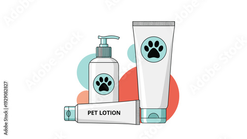 Set of pet care products including a pump bottle and tubes of pet lotion decorated with paw prints for grooming needs.