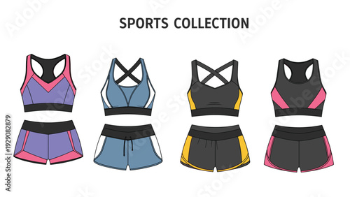 Diverse sports collection features several matching sets of sports bras and shorts in various vibrant color combinations.
