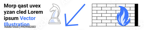 Strategy, security, defense systems, decision-making, digital firewalls, directional flow. Chess knight with blue arrow pointing to a firewall with flame symbol. Strategy and security
