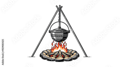 Traditional campfire setup features a large black pot hanging over a crackling fire surrounded by stones for an outdoor cooking scene.
