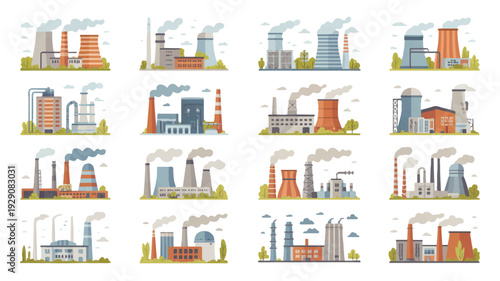 collection of industrial buildings with smoking chimneys and cooling towers