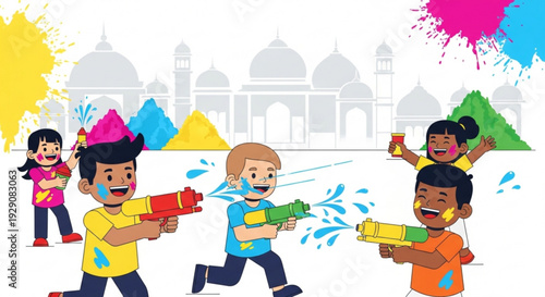 Children celebrating holi festival with water guns and colorful paints in front of landmark building