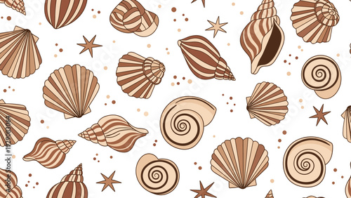 Seamless pattern displays a variety of intricately detailed sea shells and starfishes in warm brown tones for a nautical theme background.