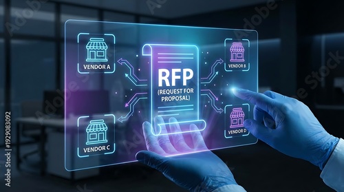 Digital RFP process with vendors and proposals on futuristic interface.