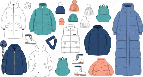 Winter clothing collection with puffer jackets coats hats boots and backpack for cold weather fashion outfit apparel and seasonal shopping design.