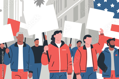 Illustration Of A Group Of Demonstrators Wearing Jackets And Poster Flyers In The City Center Vector Design Template
