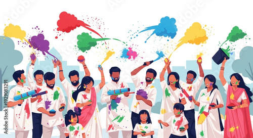 Diverse group of people celebrating holi festival with colorful powders and waters joyful and vibrant atmosphere outdoor setting with trees