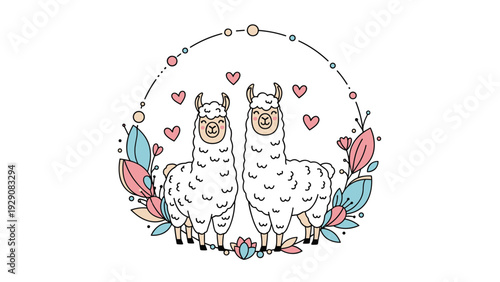 Two cute white llamas are framed by a colorful floral wreath and hearts in a sweet and romantic animal illustration on a white background.
