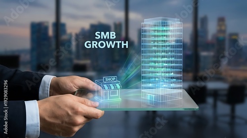 Business Growth Strategy with Digital Technology and Cityscape Background.