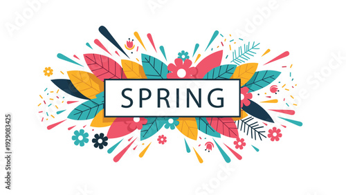 Vibrant spring banner features the word spring surrounded by colorful flowers, leaves, and festive sprinkles for a seasonal celebration.