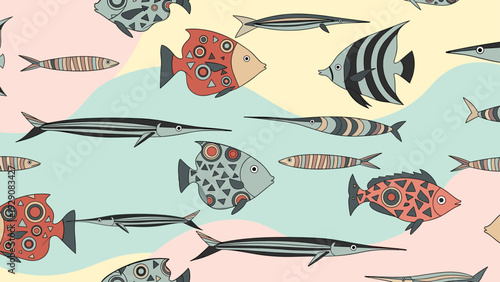 Seamless pattern displays a variety of stylized fish with ethnic patterns and geometric shapes in muted tones for an aquatic theme design.