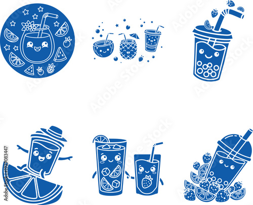 Blue monochromatic kawaii boba drink characters cute summer beverage mascots surfing and holding fruit slices