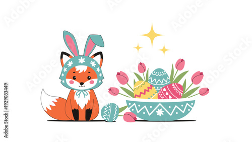 Cute fox wearing a bunny ear hat sits next to a bowl of Easter eggs and pink tulips in a charming spring holiday illustration design.