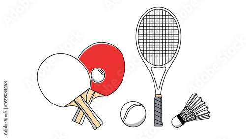 Sports equipment for tennis, table tennis, and badminton including rackets, paddles, balls, and a shuttlecock are shown in a clean design.