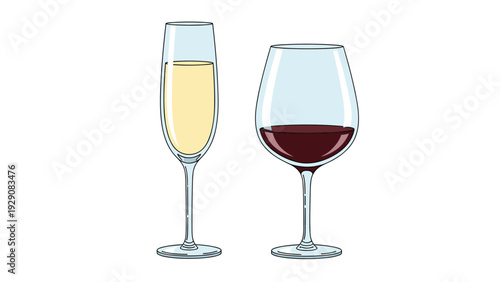 Two glasses filled with white and red wine or champagne are presented in a clean, colorful illustration style for a celebration concept.