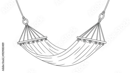 Relaxing outdoor hammock suspended by ropes is depicted in a detailed black and white line art illustration for leisure and vacation.