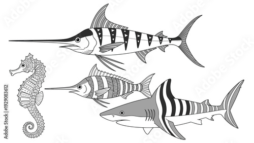 Group of finely detailed sea animals includes a large striped marlin, a smaller swordfish, a shark, and a decorative seahorse.