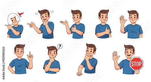 Diverse expressions of a young man, showcasing various emotions and gestures in a series of illustrations.