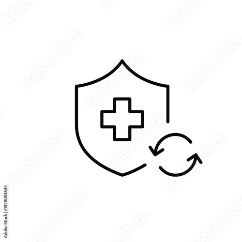 Health insurance shield with cross and renew arrows. Coverage update, policy refresh, protection renewal. Pixel perfect, editable stroke vector icon