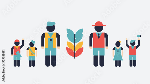 Stylized illustration of diverse agricultural workers and family with a grain symbol.