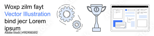 Workflow optimization, goal achievement, UI design, teamwork, productivity, business strategy. gears, a trophy and a user interface. Workflow and goal achievement concepts
