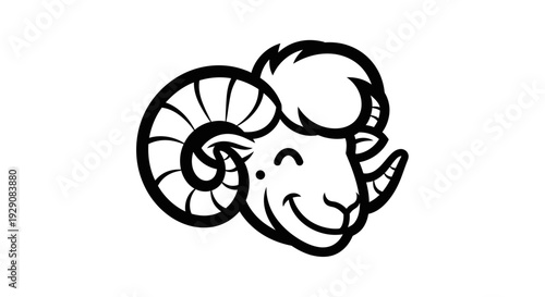 Smiling Ram Head Black and White Line Art Illustration.