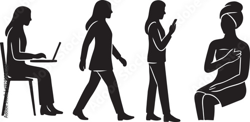 Silhouette series depicting women in various everyday poses and activities