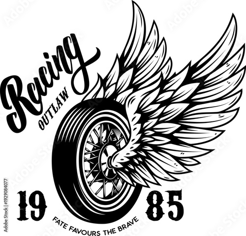 A vintage motorcycle racing emblem featuring a spoked wheel with majestic spread wings, stylized "Outlaw Racing" script, and the motto "Fate Favours The Brave."