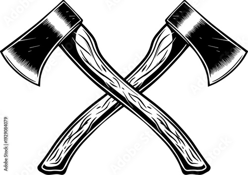 A black and white vector illustration of two crossed hatchets. This detailed, vintage-style woodcutting tool silhouette is ideal for carpentry and outdoor adventure logos.