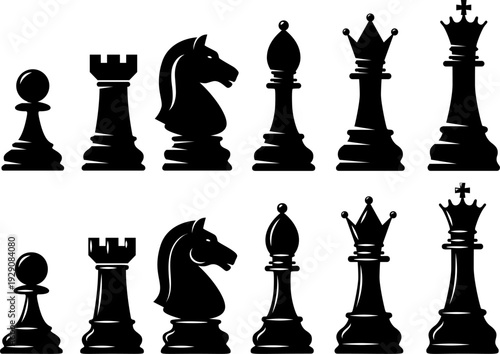A black and white vector set of chess pieces including king, queen, bishop, knight, rook, and pawn. These clean silhouettes are perfect for gaming and strategy logos.