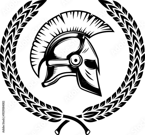 A black and white vector illustration of a Spartan or Greek warrior helmet enclosed in a laurel wreath. A powerful minimalist silhouette for sports or security logos.