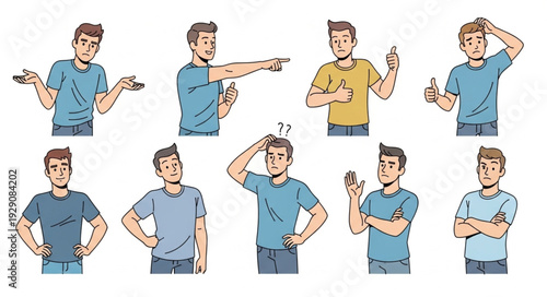 Diverse male figures showcasing various emotions and gestures in a vibrant illustration.