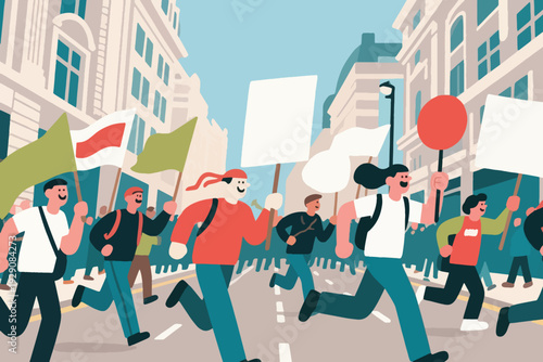 Illustration Of A Group Of Demonstrators Carrying Posters And Flags, While Walking On The Street Vector Design Template