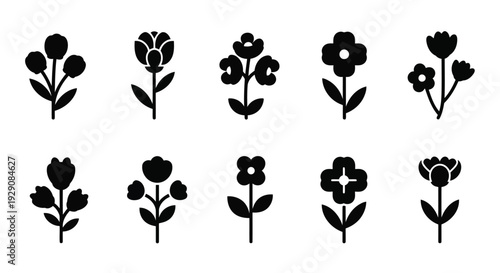 A collection of stylized black and white floral illustrations showcasing various flower types