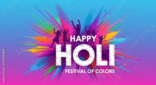 Vibrant holi festival celebration with colorful paint splashes and silhouettes of joyful people