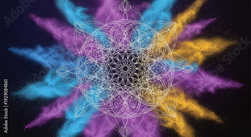 Vibrant colorful mandala with intricate patterns and swirling shapes on dark background