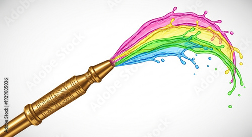 Vibrant rainbow paintbrush stroke with colorful splashes on white background symbolizing creativity and art