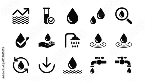 Collection of various water drop and liquid related icons on white background